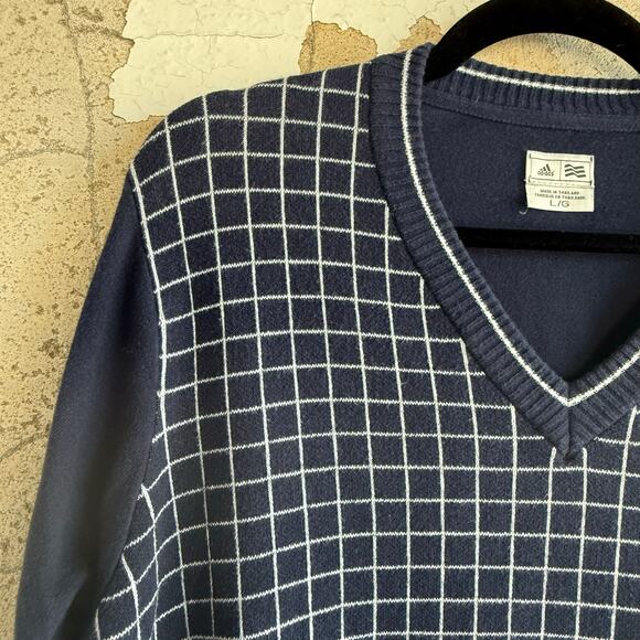 Adidas Sweater Mens L V-Neck Pullover Navy Grid Check Tenniscore Preppy Retro - Picture 2 of 7